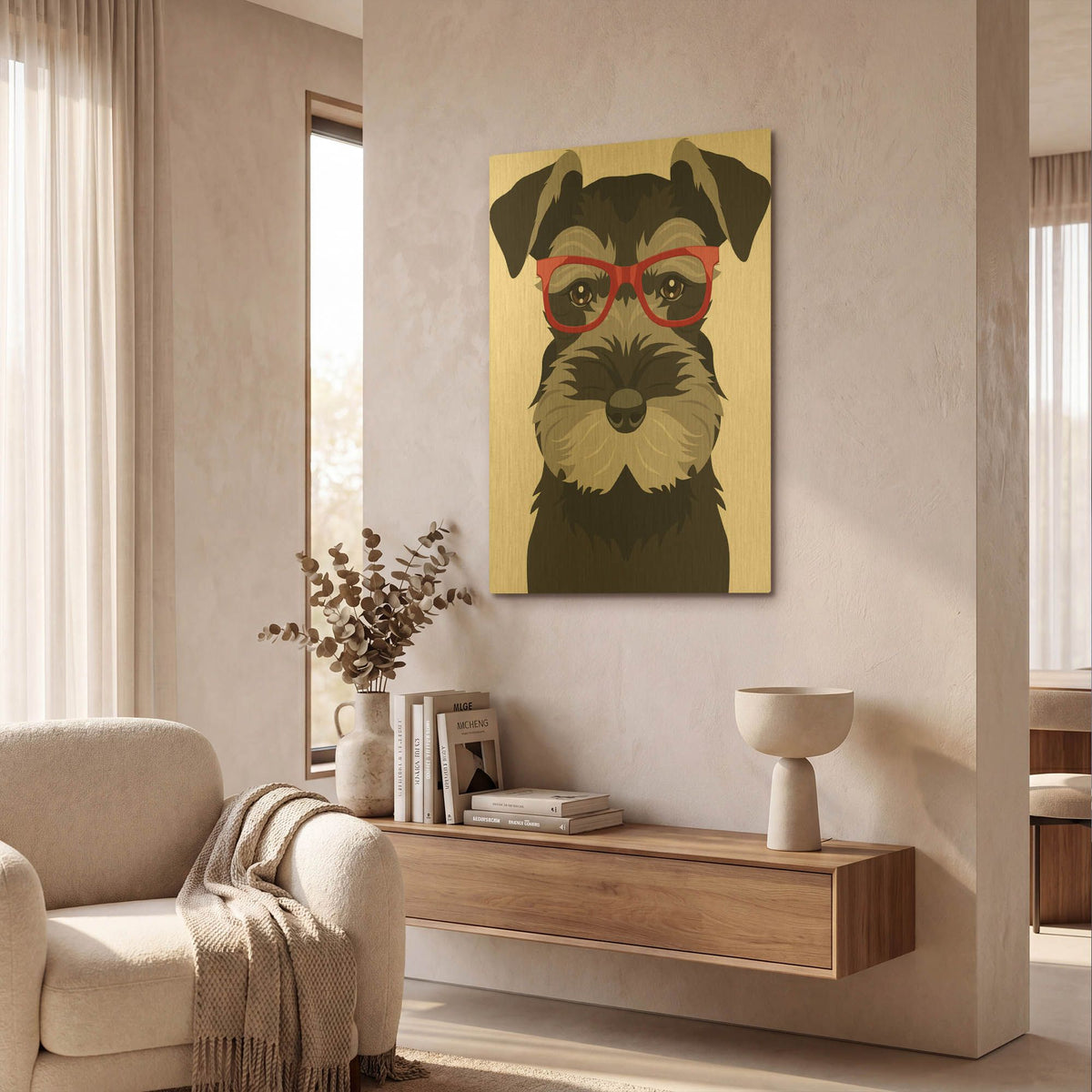 'Miniature Schnauzer Wearing Hipster Glasses' By Furbaby Affiliates Gold Metal Wall Art
