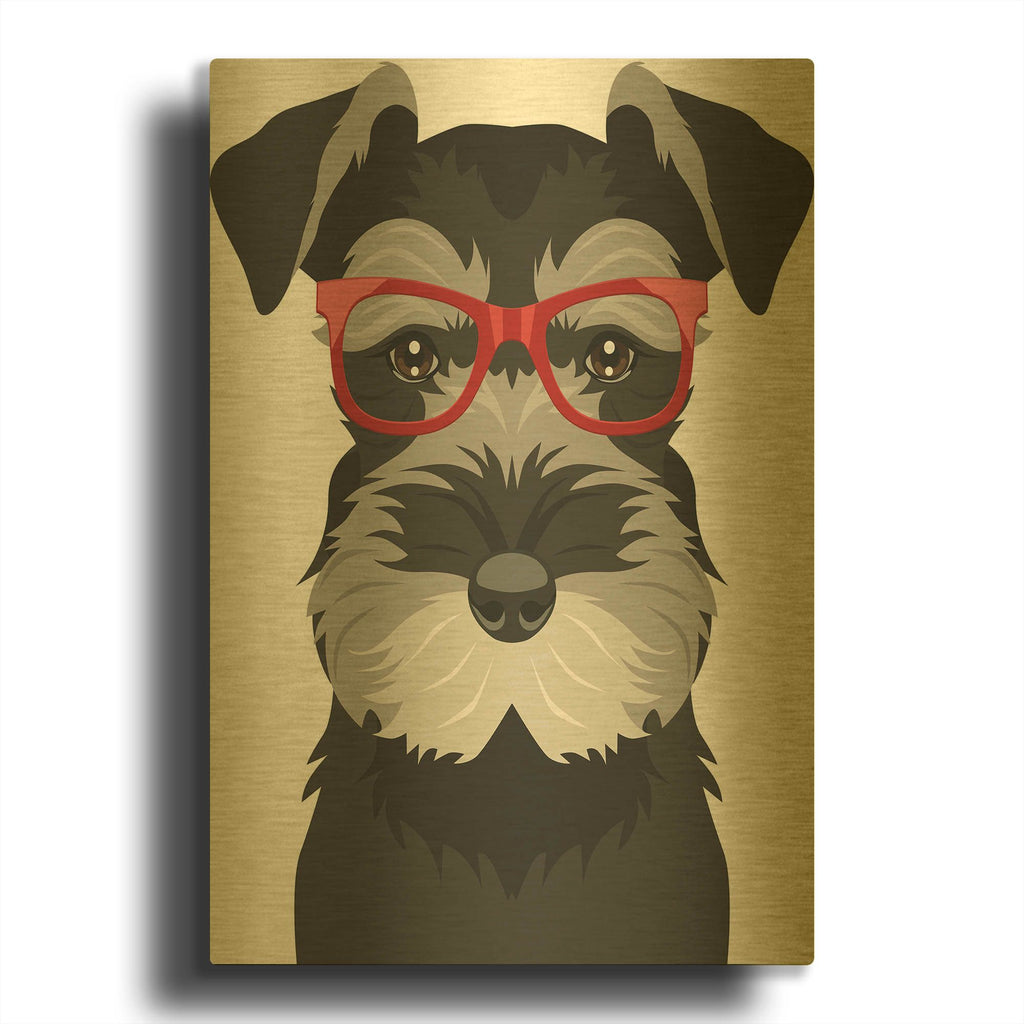 'Miniature Schnauzer Wearing Hipster Glasses' By Furbaby Affiliates Gold Metal Wall Art