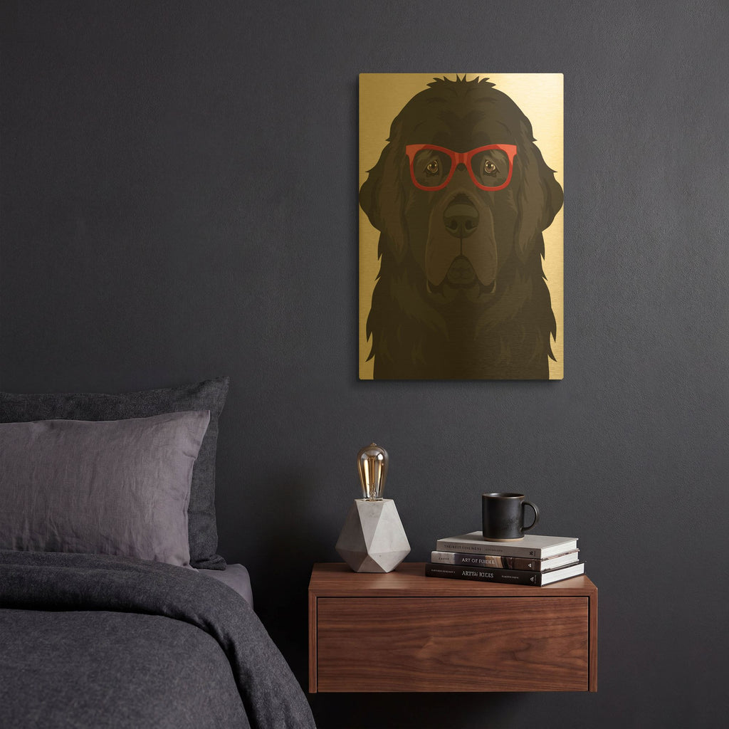 'Newfoundland Wearing Hipster Glasses' By Furbaby Affiliates Gold Metal Wall Art
