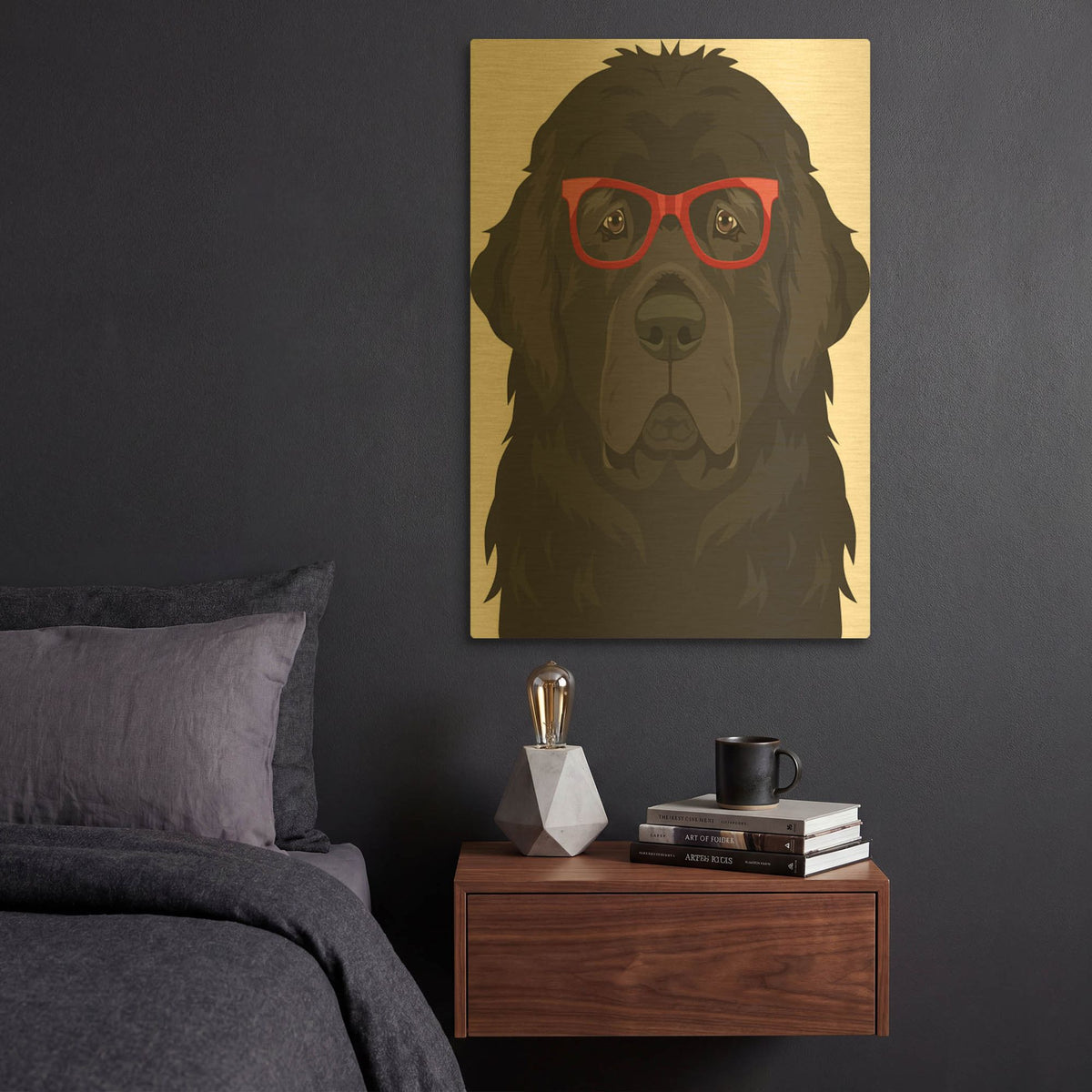 'Newfoundland Wearing Hipster Glasses' By Furbaby Affiliates Gold Metal Wall Art