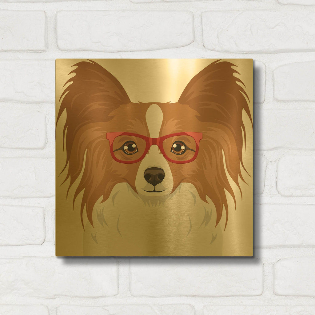 'Papillon Wearing Hipster Glasses' By Furbaby Affiliates Gold Metal Wall Art