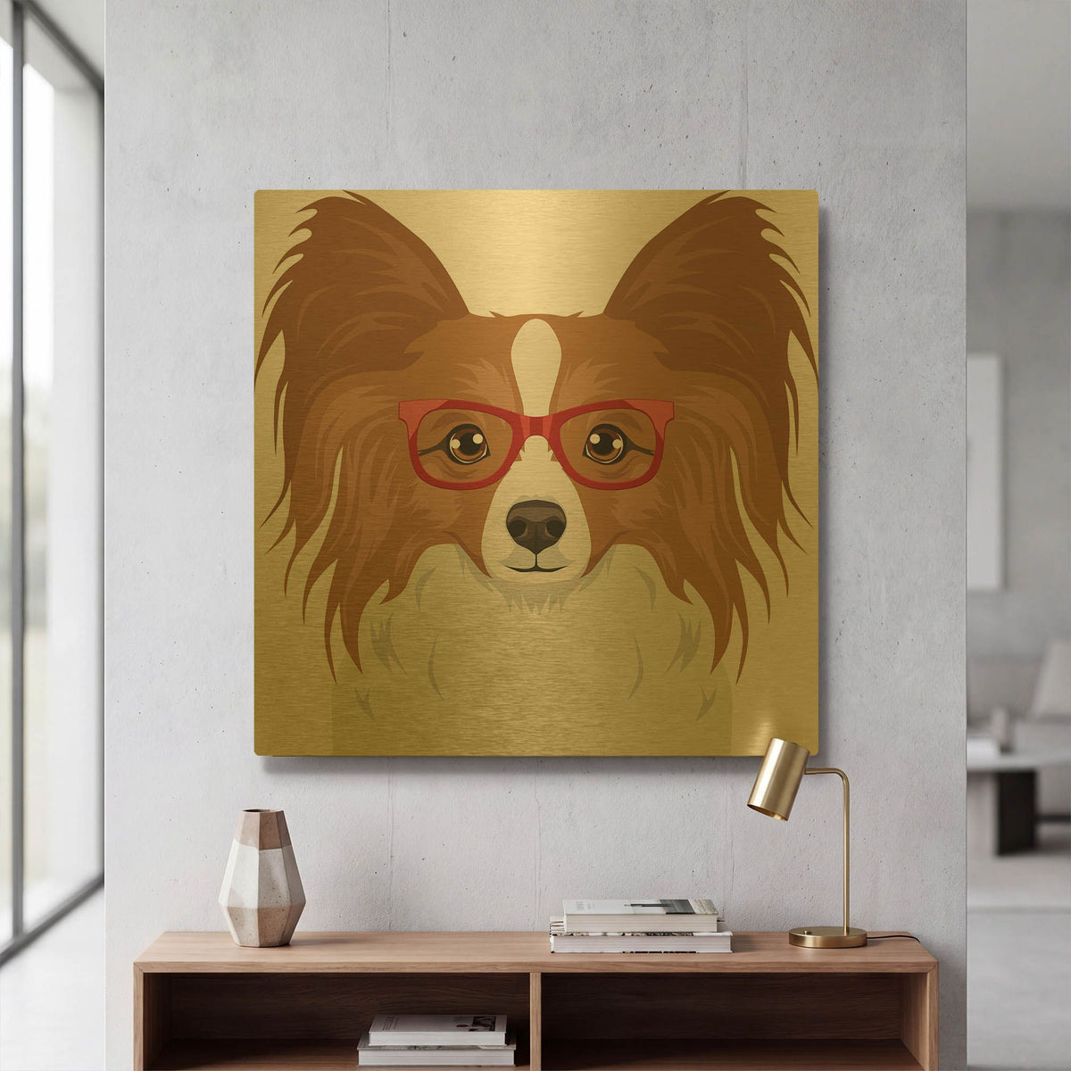 'Papillon Wearing Hipster Glasses' By Furbaby Affiliates Gold Metal Wall Art