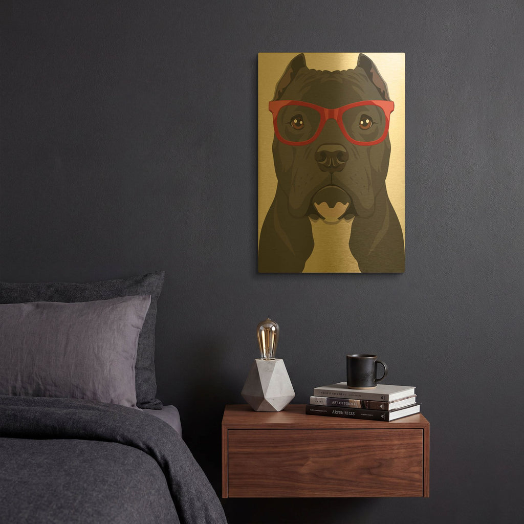 'Pitbull Wearing Hipster Glasses 2' By Furbaby Affiliates Gold Metal Wall Art
