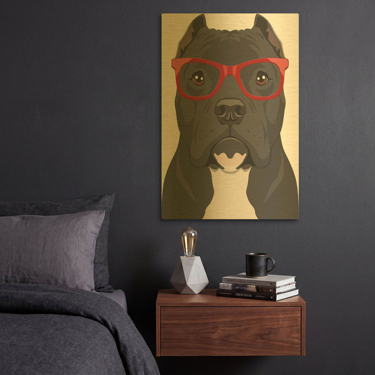 'Pitbull Wearing Hipster Glasses 2' By Furbaby Affiliates Gold Metal Wall Art
