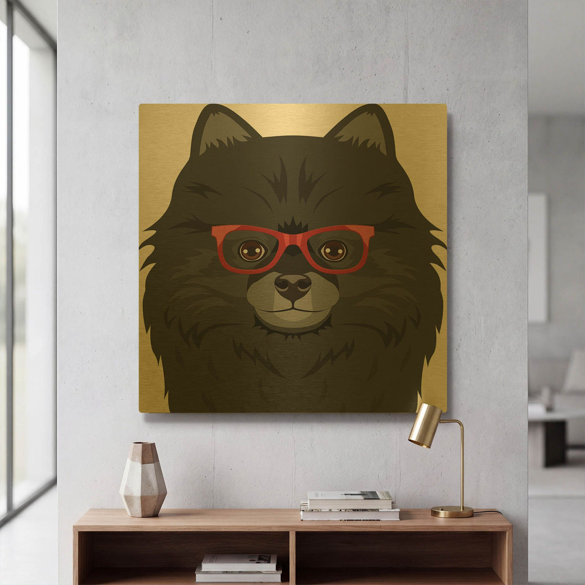 'Pomeranian Wearing Hipster Glasses 2' By Furbaby Affiliates Gold Metal Wall Art