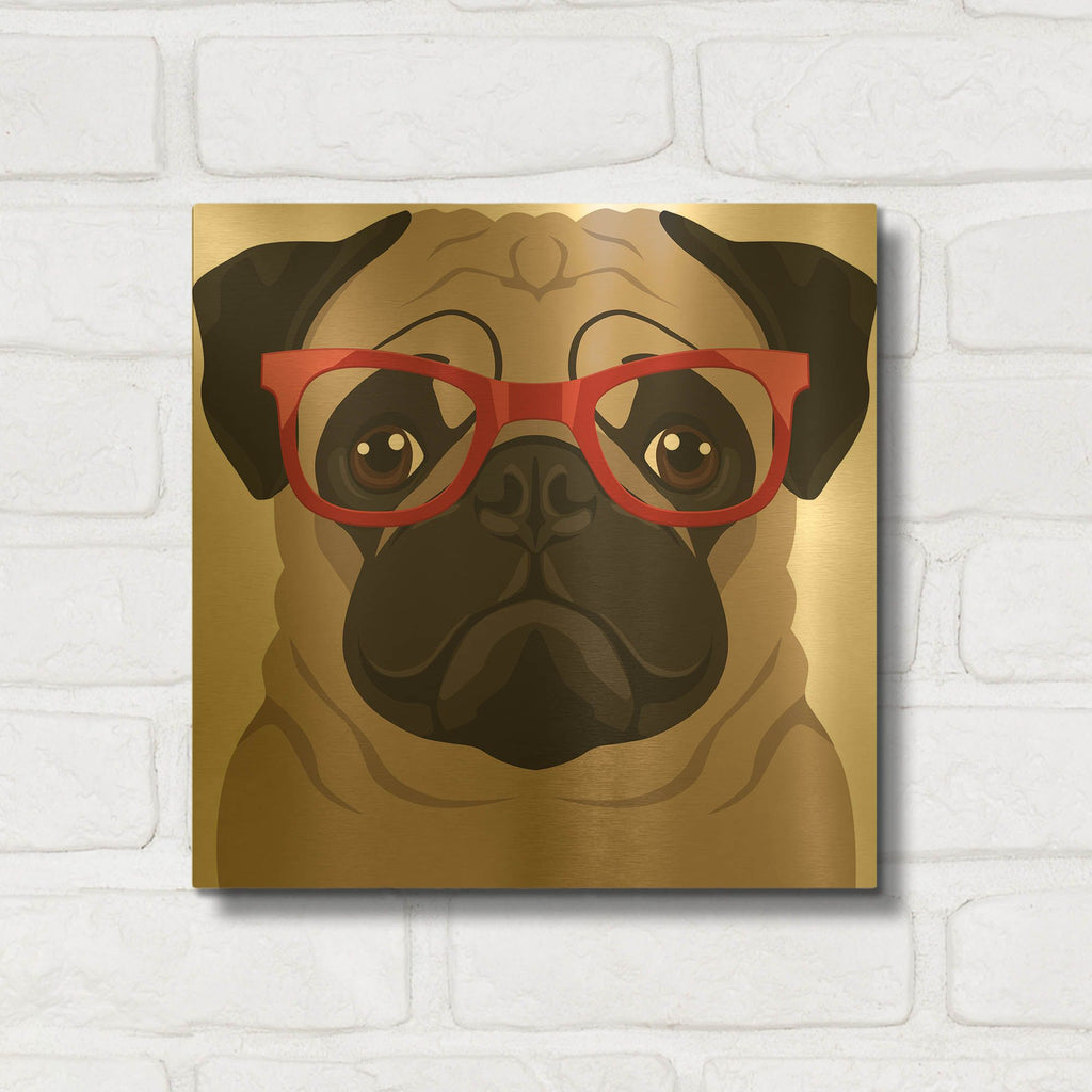 'Pug Wearing Hipster Glasses 2' By Furbaby Affiliates Gold Metal Wall Art