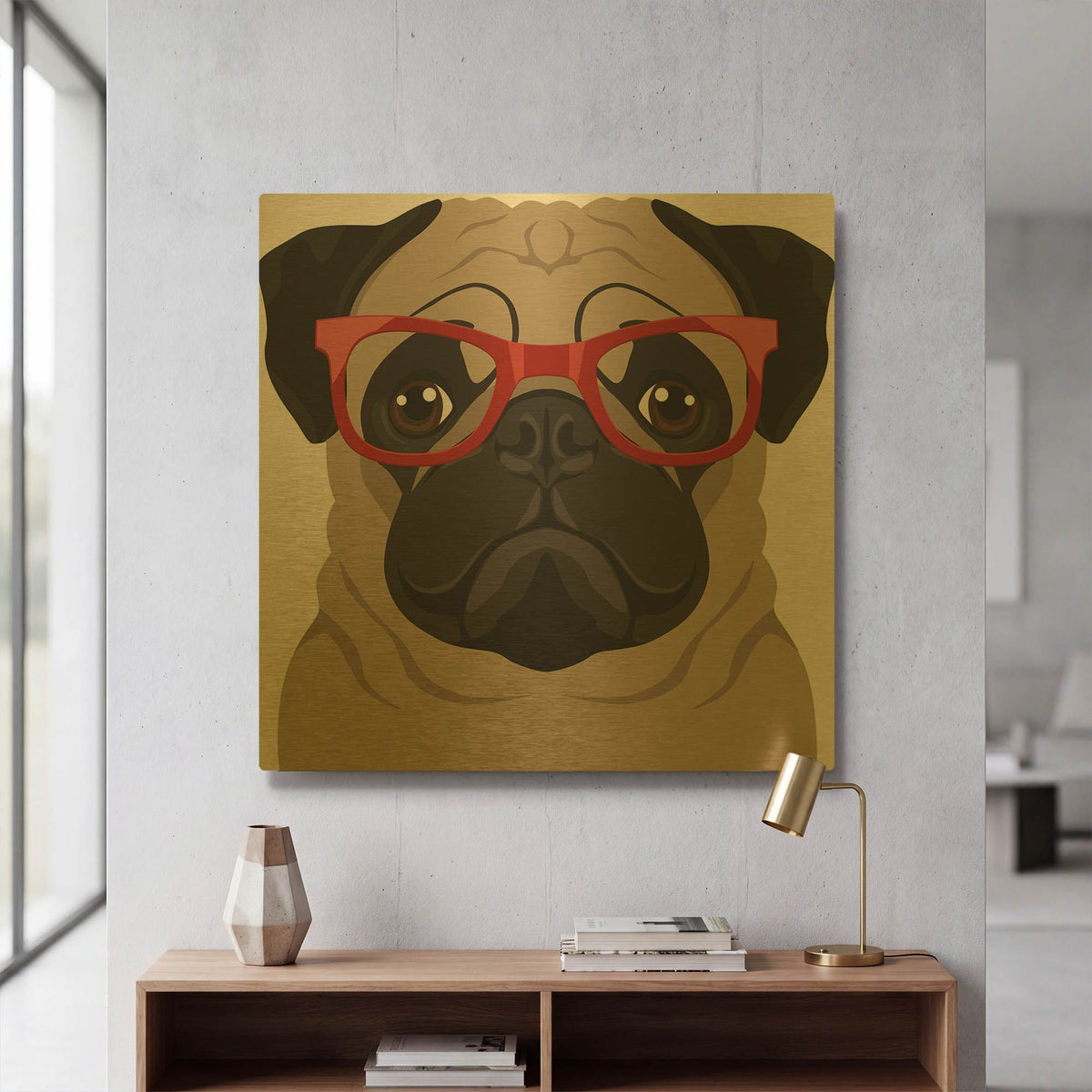 'Pug Wearing Hipster Glasses 2' By Furbaby Affiliates Gold Metal Wall Art