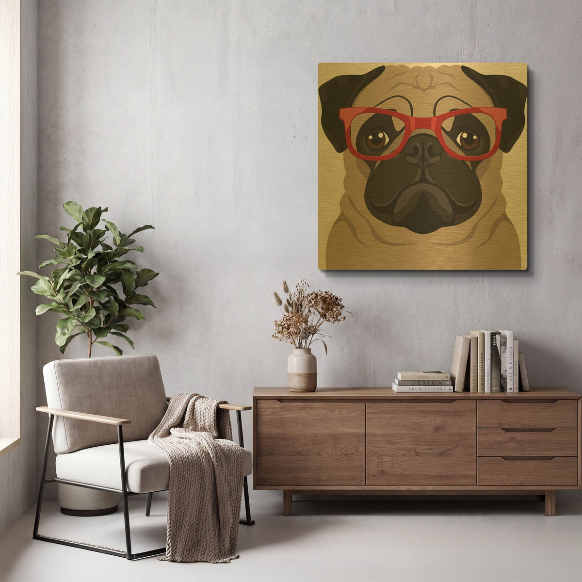 'Pug Wearing Hipster Glasses 2' By Furbaby Affiliates Gold Metal Wall Art