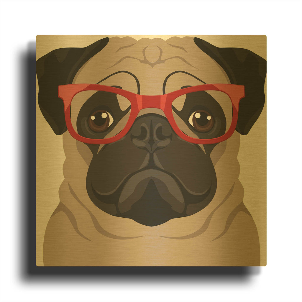 'Pug Wearing Hipster Glasses 2' By Furbaby Affiliates Gold Metal Wall Art