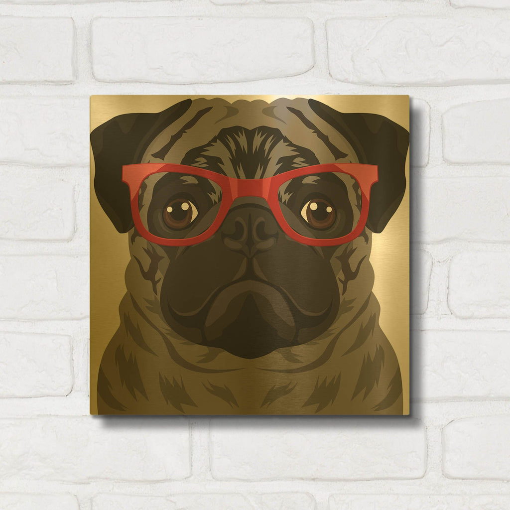 'Pug Wearing Hipster Glasses 3' By Furbaby Affiliates Gold Metal Wall Art