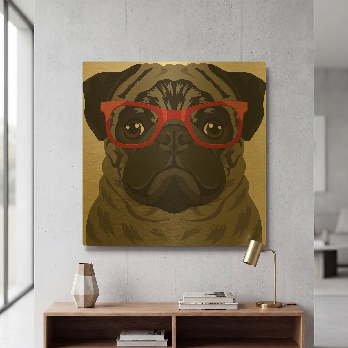 'Pug Wearing Hipster Glasses 3' By Furbaby Affiliates Gold Metal Wall Art