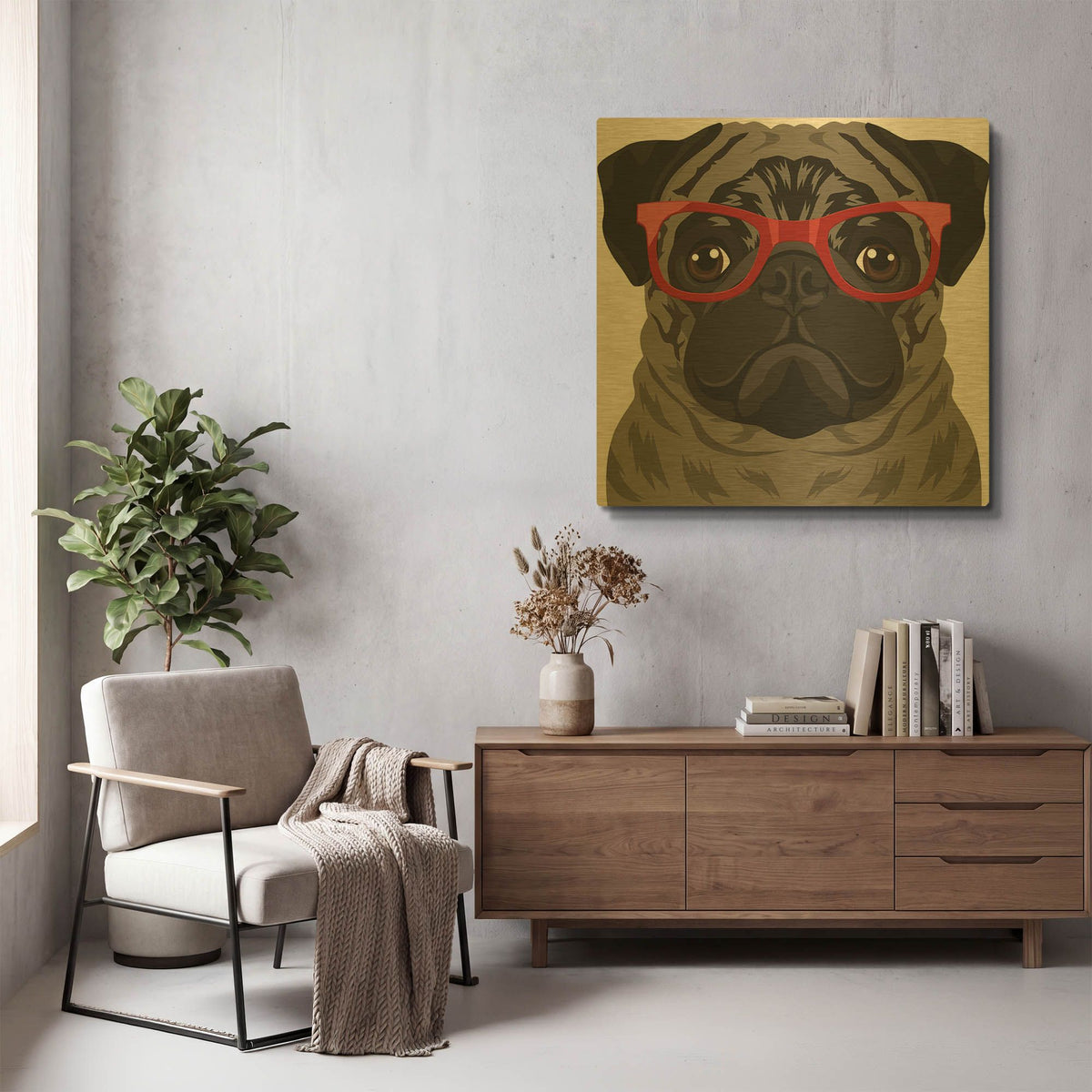 'Pug Wearing Hipster Glasses 3' By Furbaby Affiliates Gold Metal Wall Art
