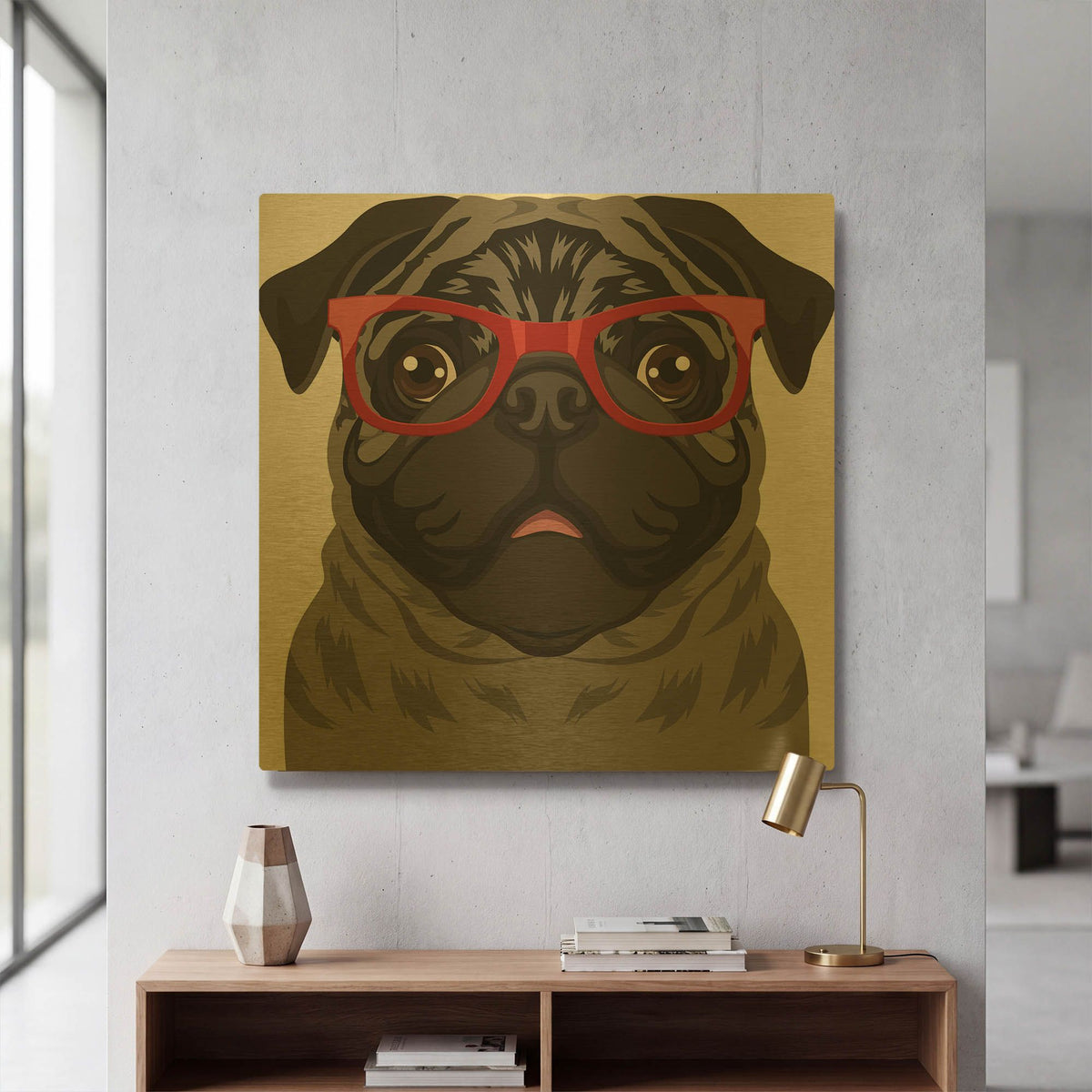 'Pug Wearing Hipster Glasses 4' By Furbaby Affiliates Gold Metal Wall Art