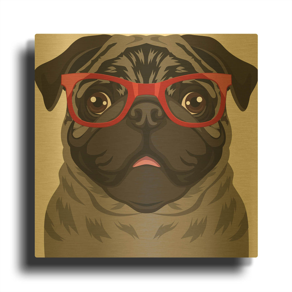 'Pug Wearing Hipster Glasses 4' By Furbaby Affiliates Gold Metal Wall Art