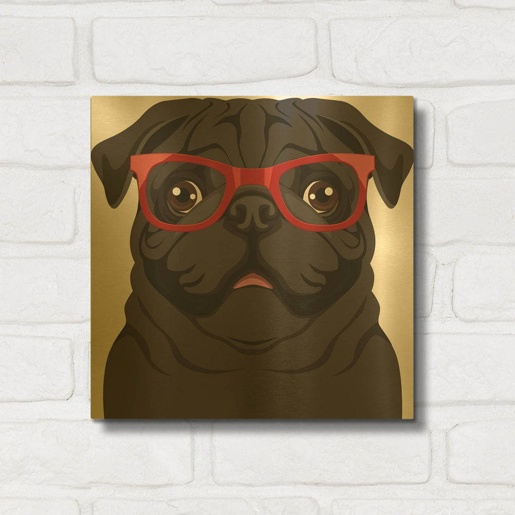 'Pug Wearing Hipster Glasses 5' By Furbaby Affiliates Gold Metal Wall Art