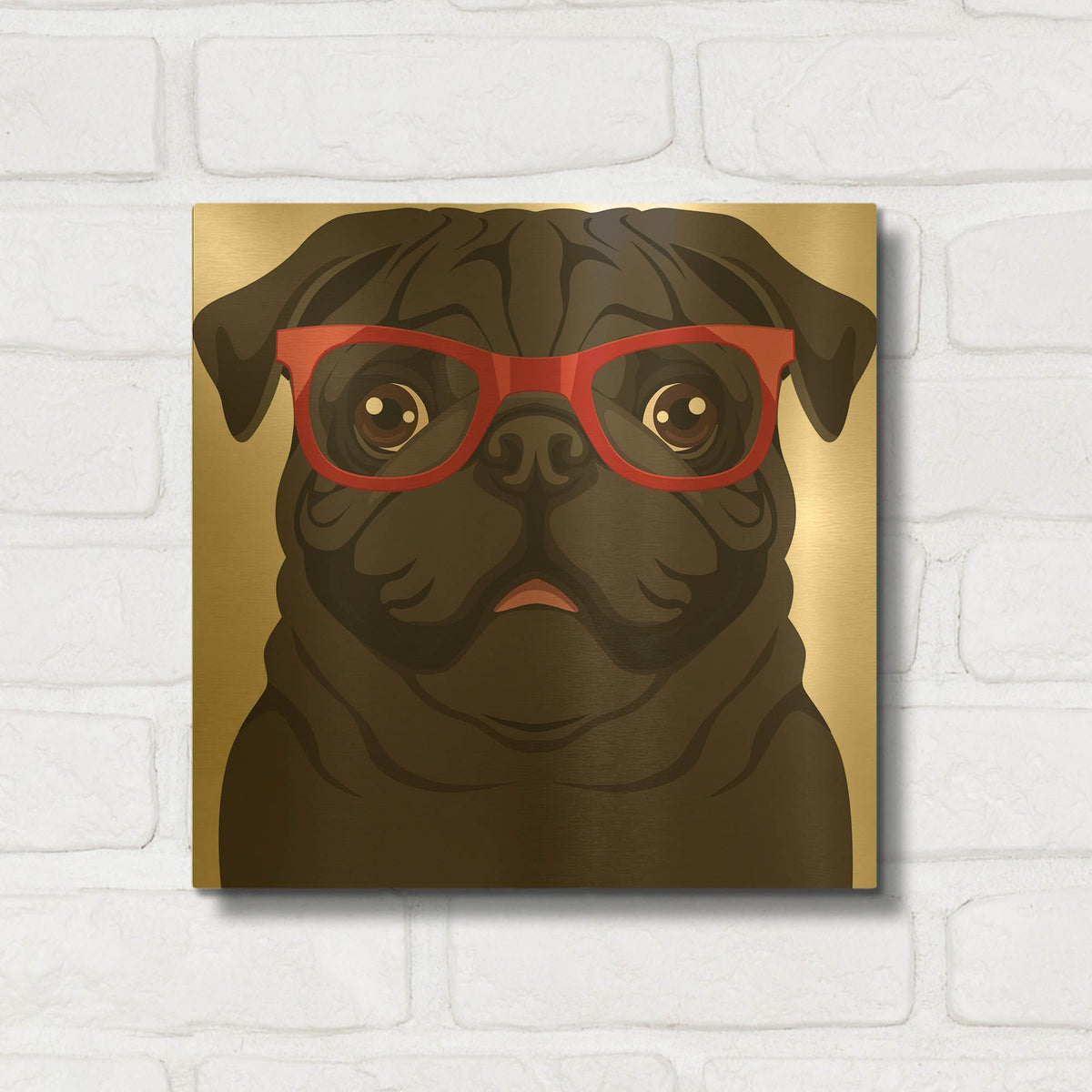 'Pug Wearing Hipster Glasses 5' By Furbaby Affiliates Gold Metal Wall Art