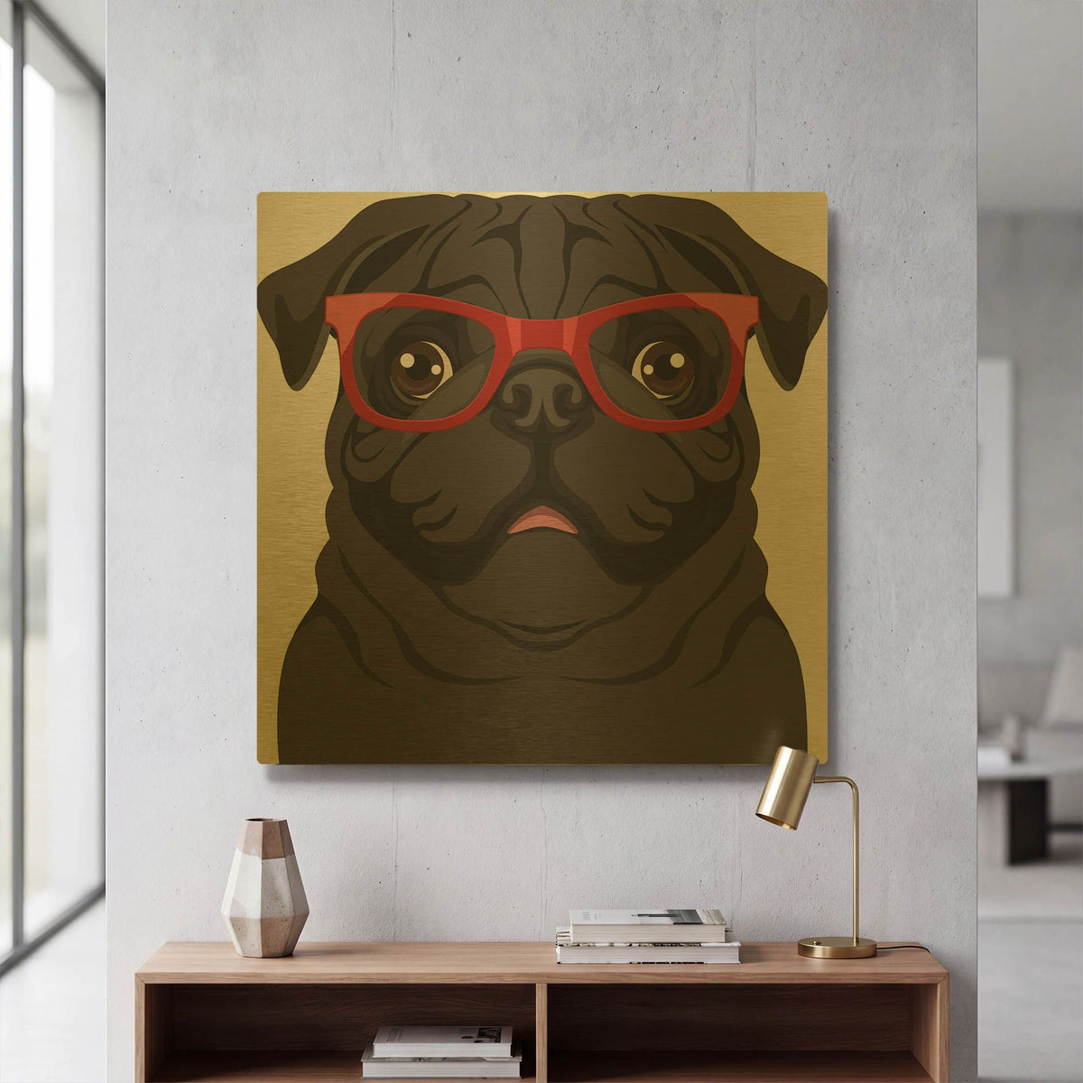 'Pug Wearing Hipster Glasses 5' By Furbaby Affiliates Gold Metal Wall Art