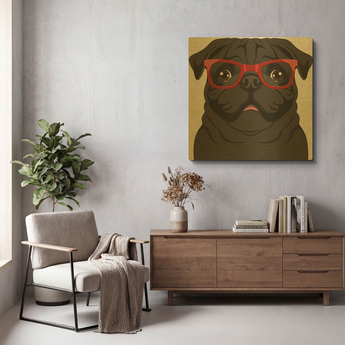 'Pug Wearing Hipster Glasses 5' By Furbaby Affiliates Gold Metal Wall Art