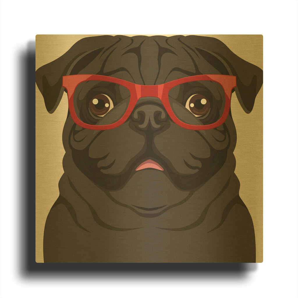 'Pug Wearing Hipster Glasses 5' By Furbaby Affiliates Gold Metal Wall Art