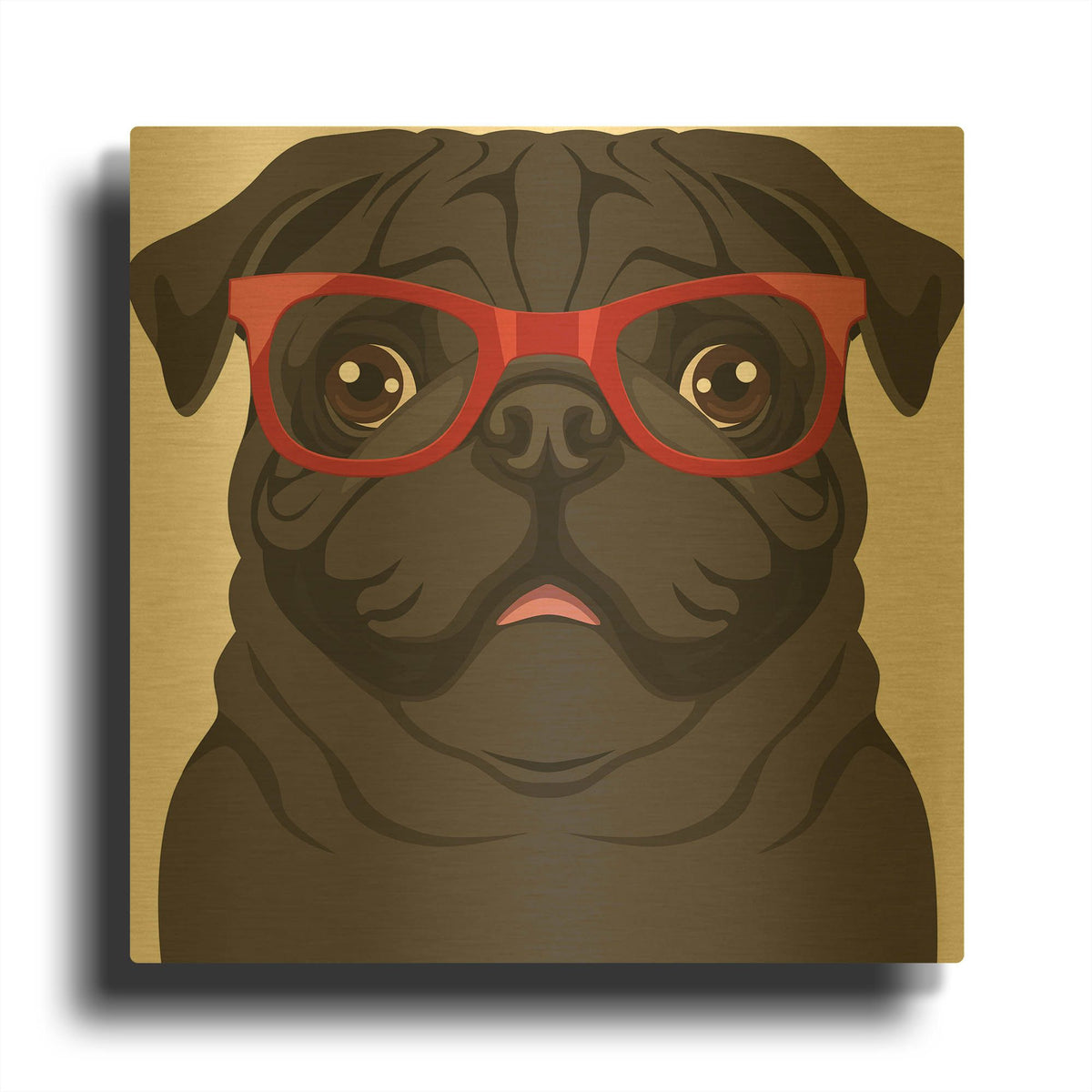 'Pug Wearing Hipster Glasses 5' By Furbaby Affiliates Gold Metal Wall Art