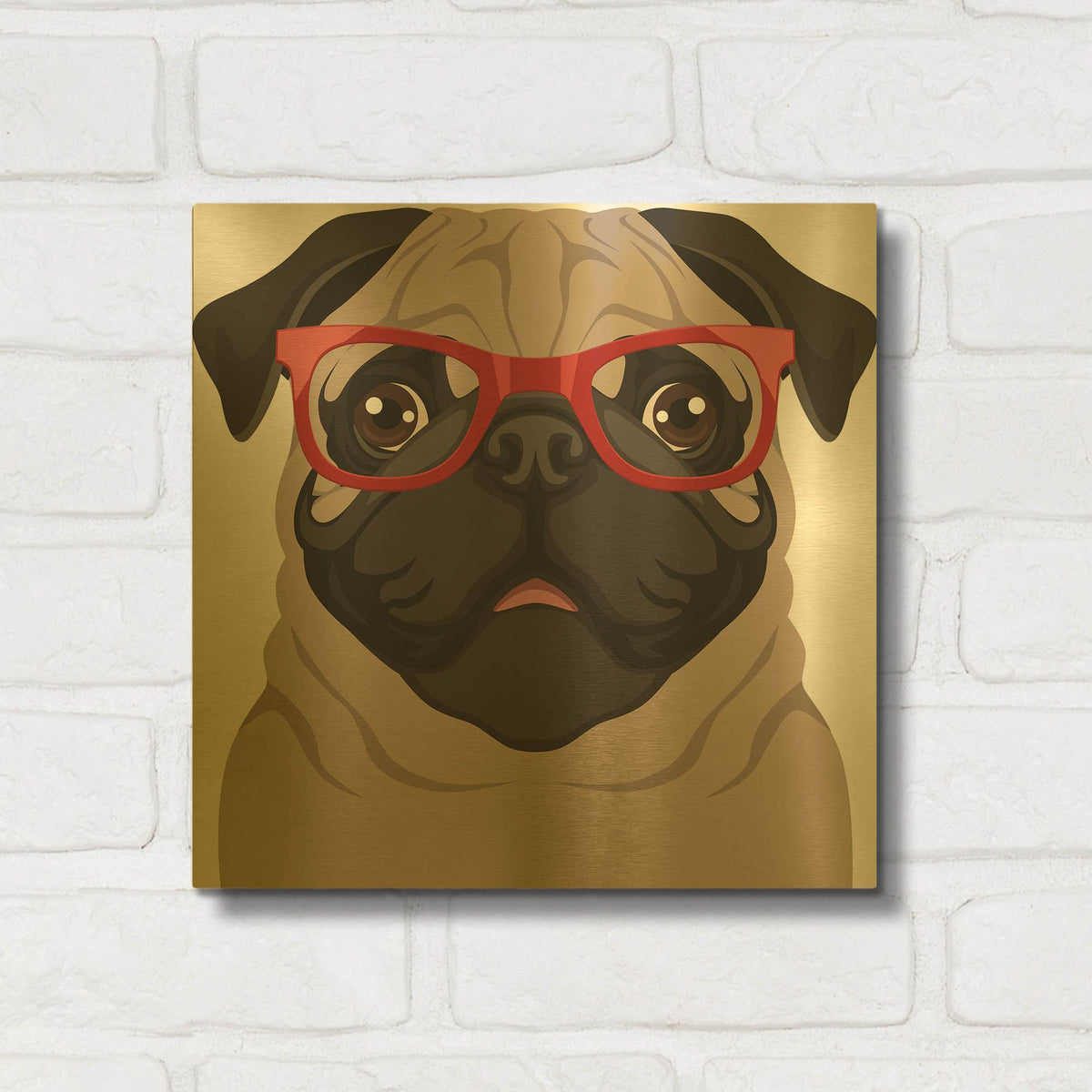 'Pug Wearing Hipster Glasses 6' By Furbaby Affiliates Gold Metal Wall Art