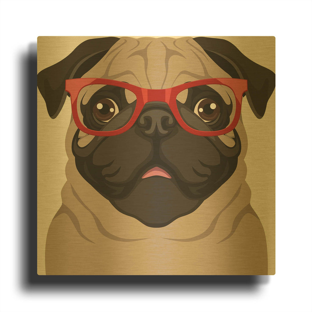 'Pug Wearing Hipster Glasses 6' By Furbaby Affiliates Gold Metal Wall Art