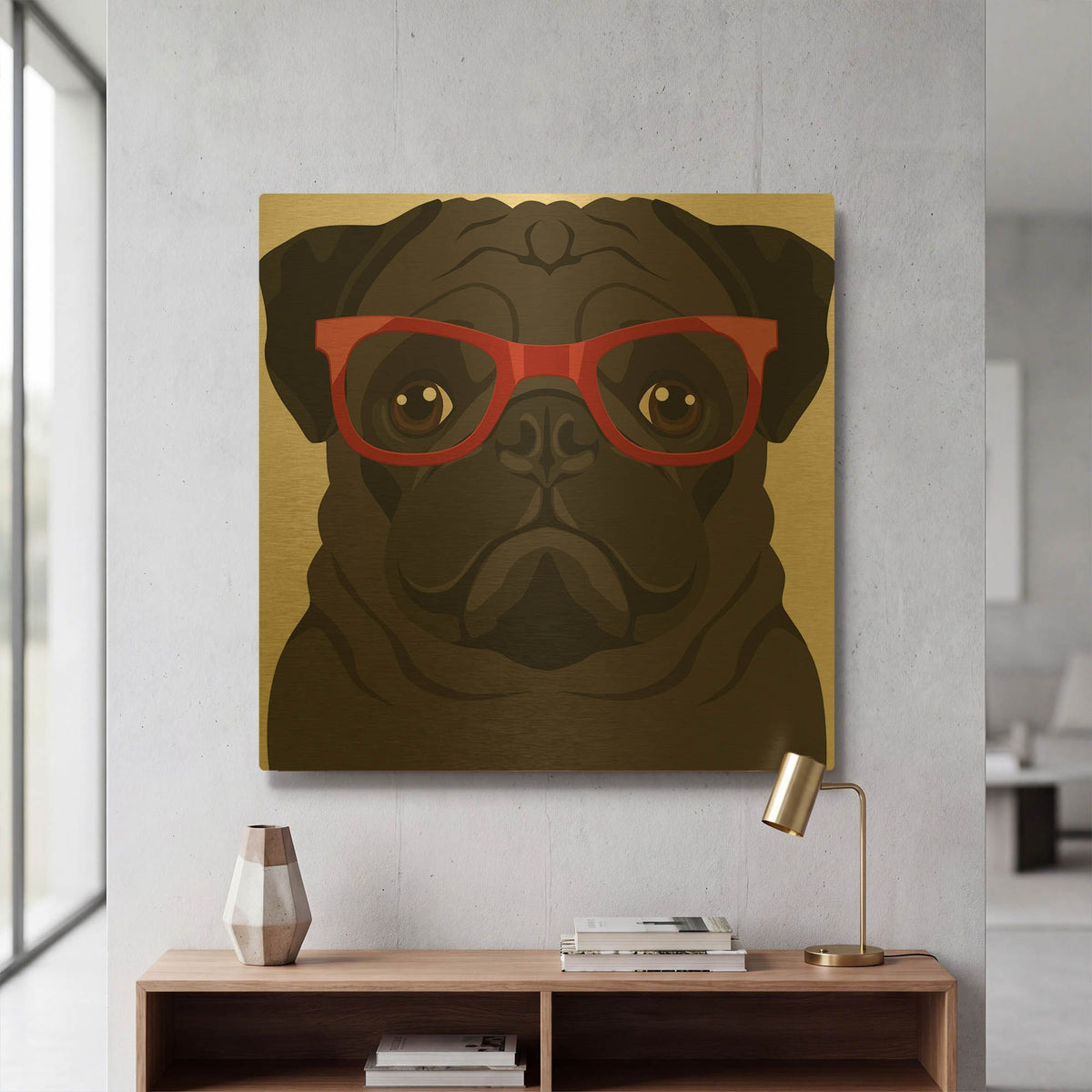'Pug Wearing Hipster Glasses' By Furbaby Affiliates Gold Metal Wall Art