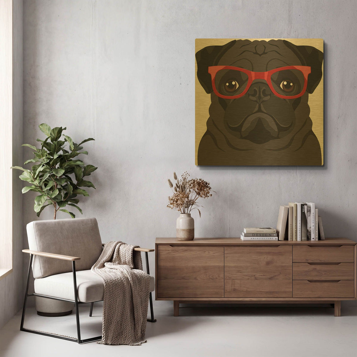 'Pug Wearing Hipster Glasses' By Furbaby Affiliates Gold Metal Wall Art