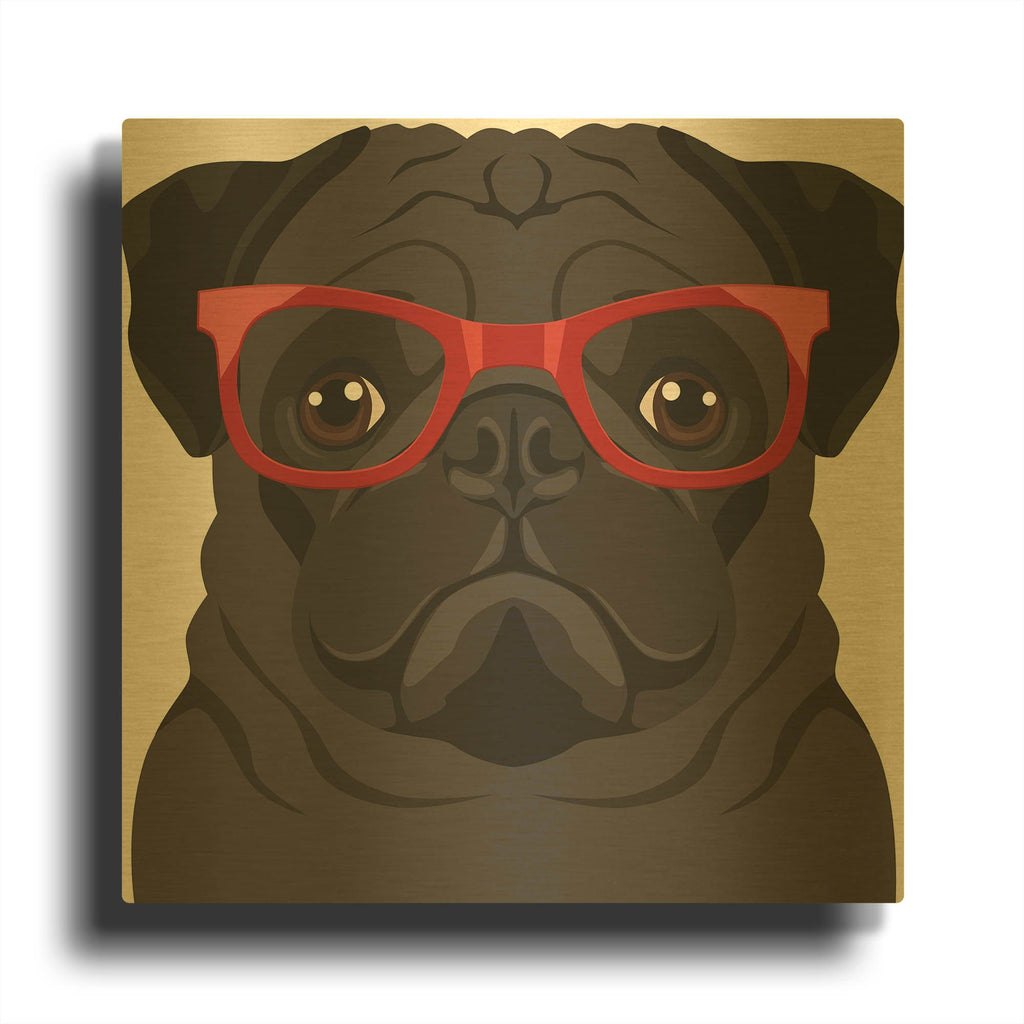 'Pug Wearing Hipster Glasses' By Furbaby Affiliates Gold Metal Wall Art
