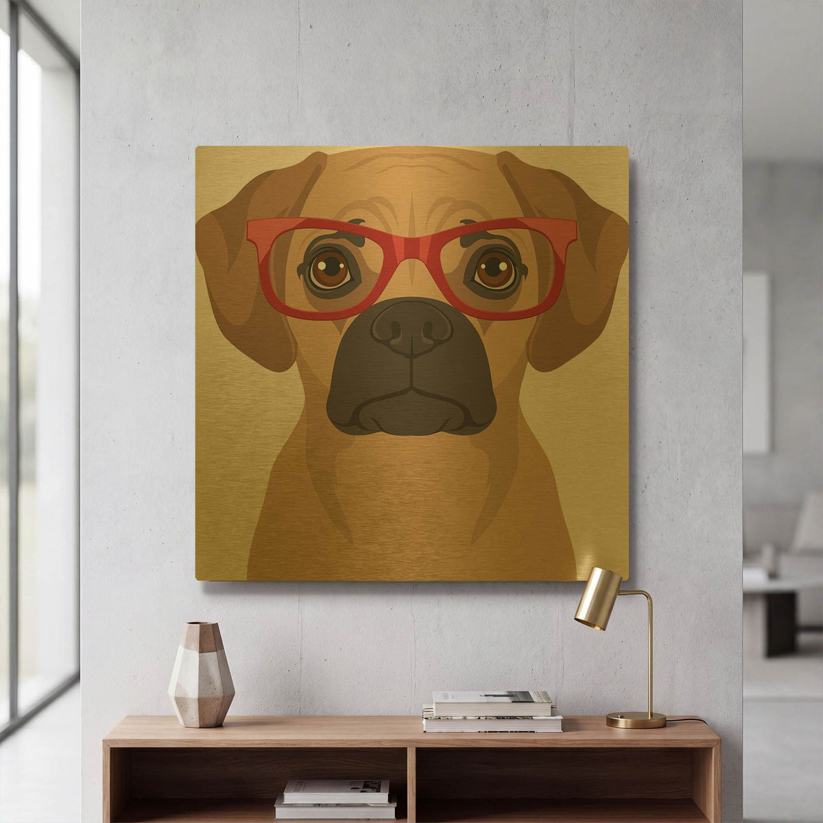 'Puggle Wearing Hipster Glasses' By Furbaby Affiliates Gold Metal Wall Art