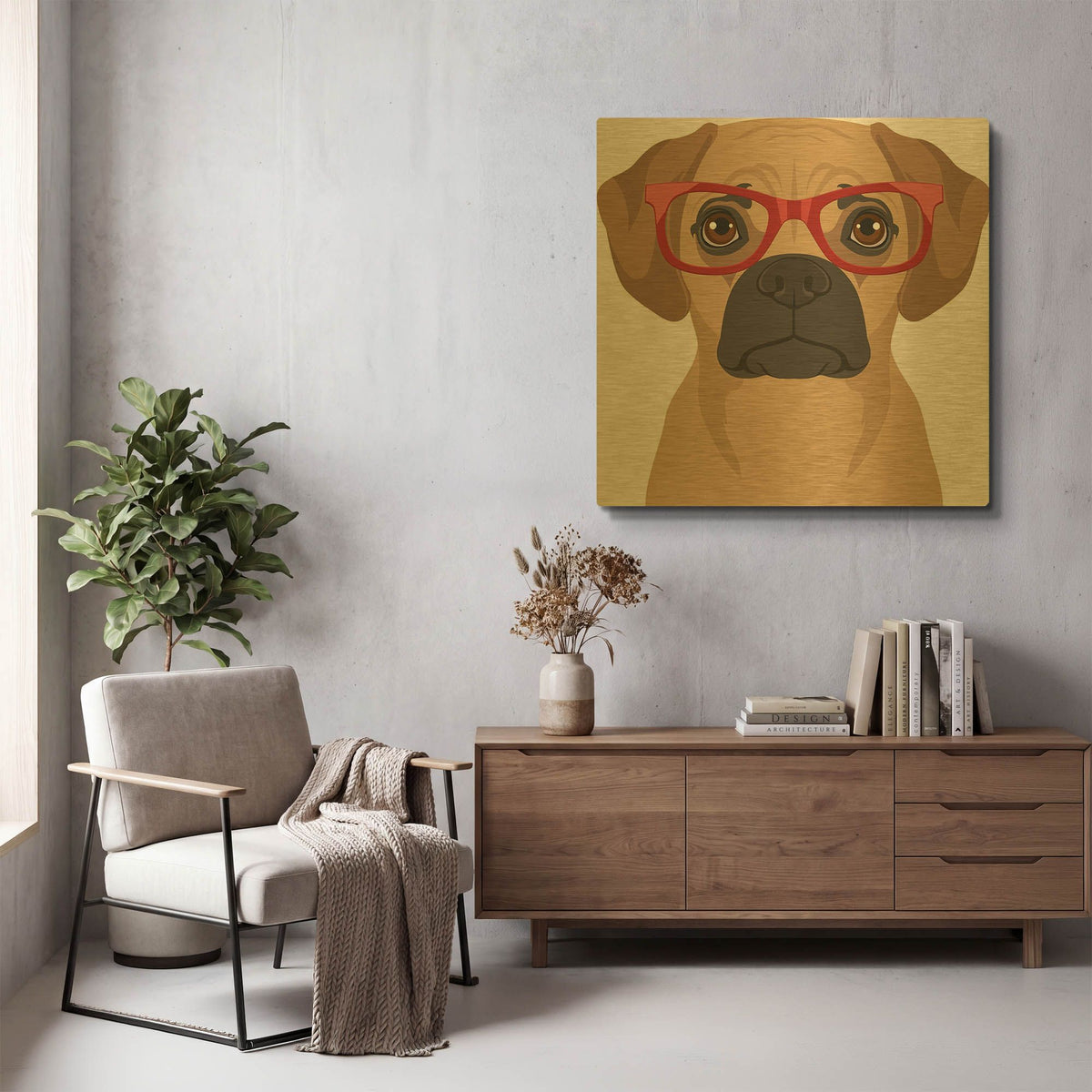 'Puggle Wearing Hipster Glasses' By Furbaby Affiliates Gold Metal Wall Art