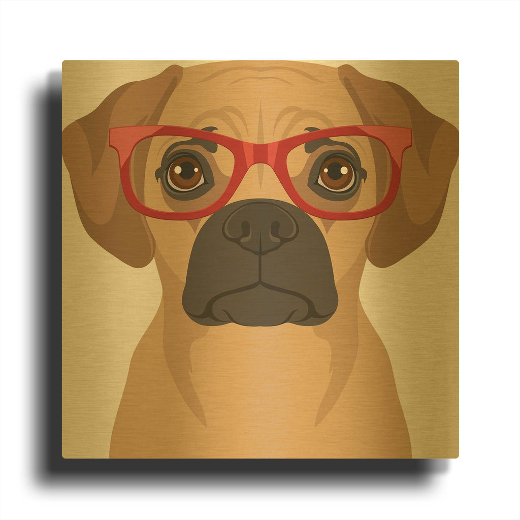 'Puggle Wearing Hipster Glasses' By Furbaby Affiliates Gold Metal Wall Art