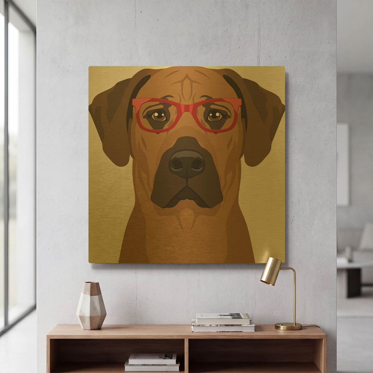 'Rhodesian Ridgeback Wearing Hipster Glasses' By Furbaby Affiliates Gold Metal Wall Art