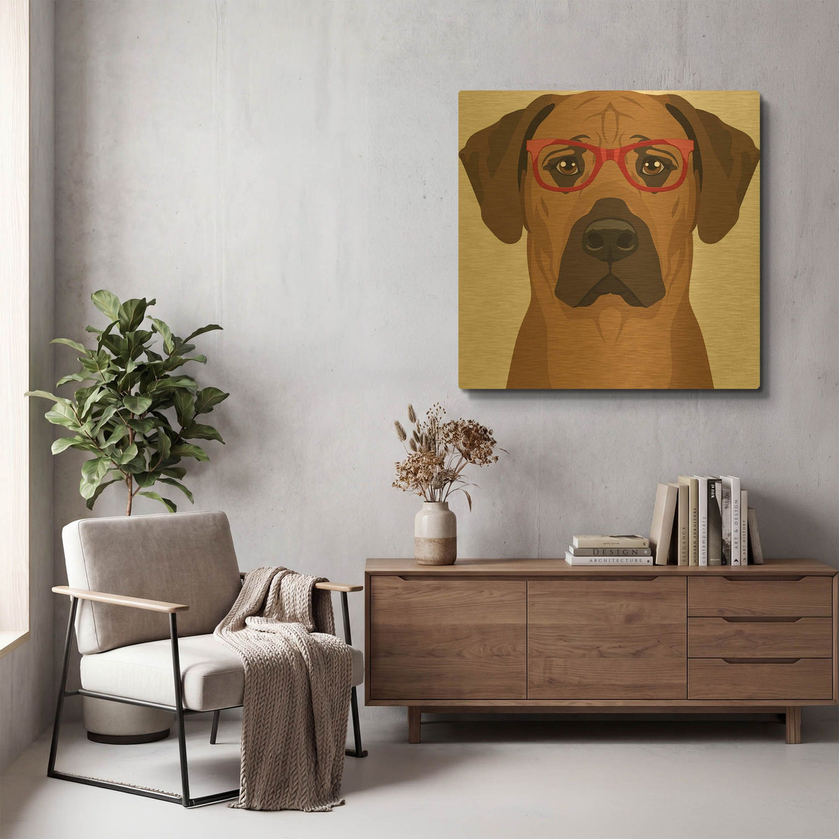 'Rhodesian Ridgeback Wearing Hipster Glasses' By Furbaby Affiliates Gold Metal Wall Art