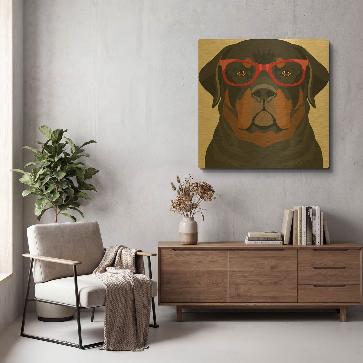 'Rottweiler Wearing Hipster Glasses 1' By Furbaby Affiliates Gold Metal Wall Art
