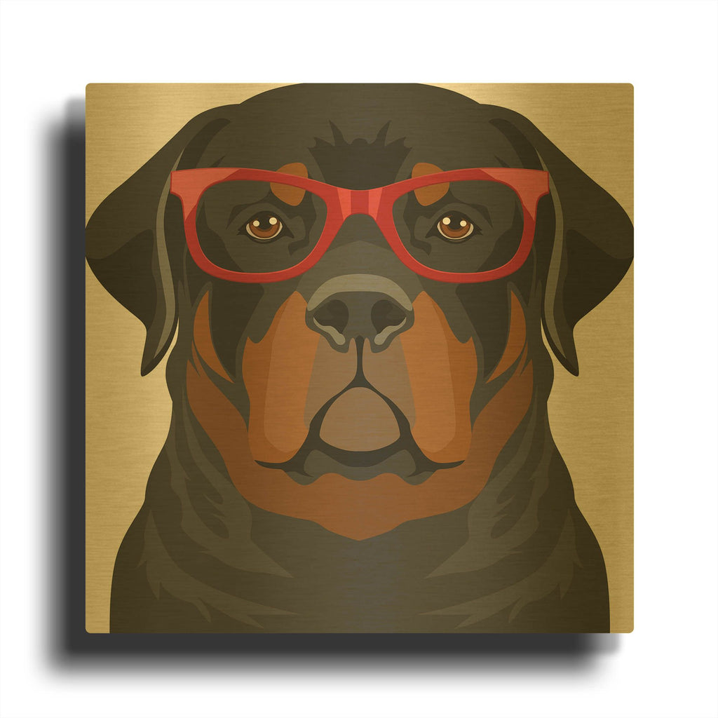 'Rottweiler Wearing Hipster Glasses 1' By Furbaby Affiliates Gold Metal Wall Art