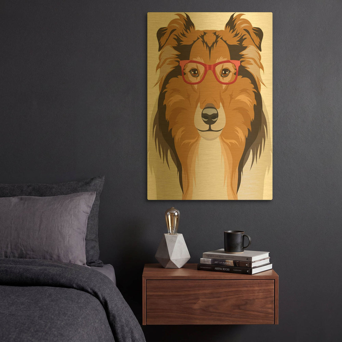 'Rough Collie Wearing Hipster Glasses' By Furbaby Affiliates Gold Metal Wall Art