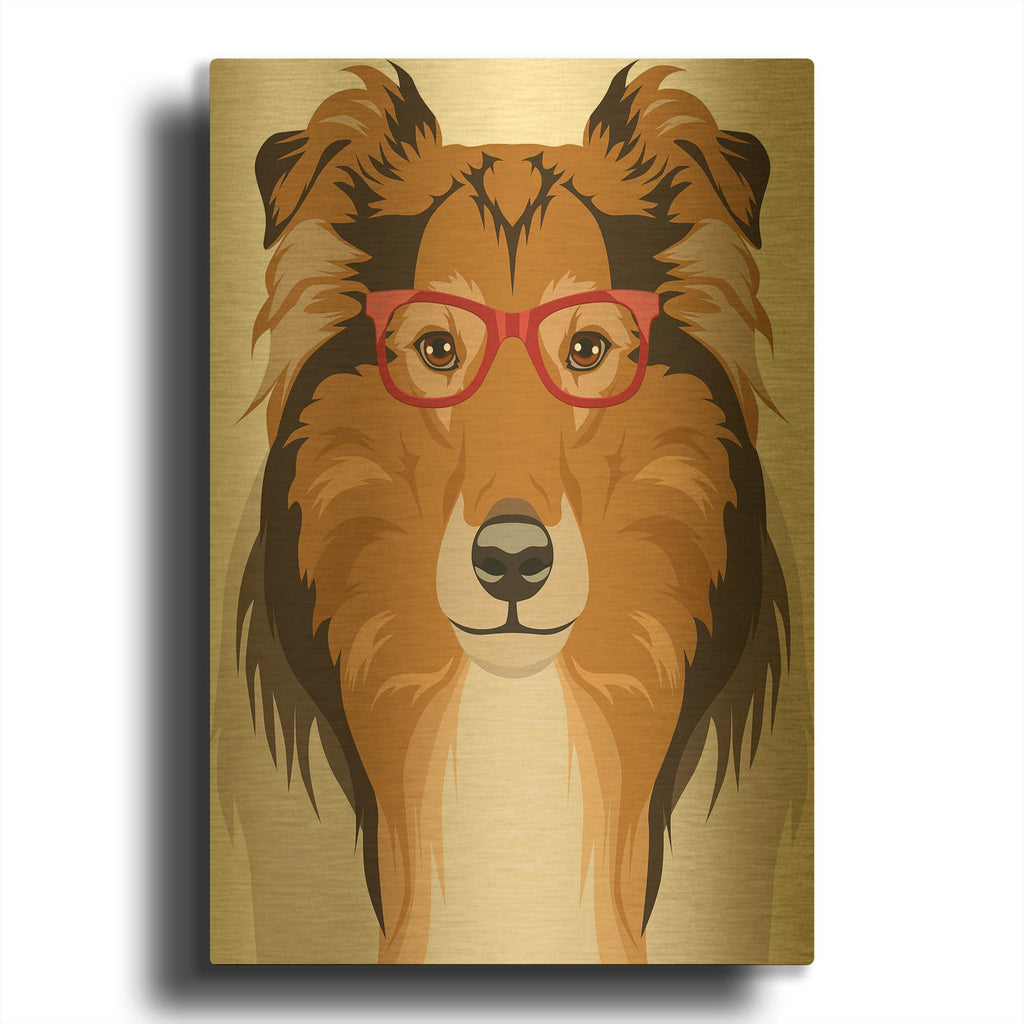 'Rough Collie Wearing Hipster Glasses' By Furbaby Affiliates Gold Metal Wall Art