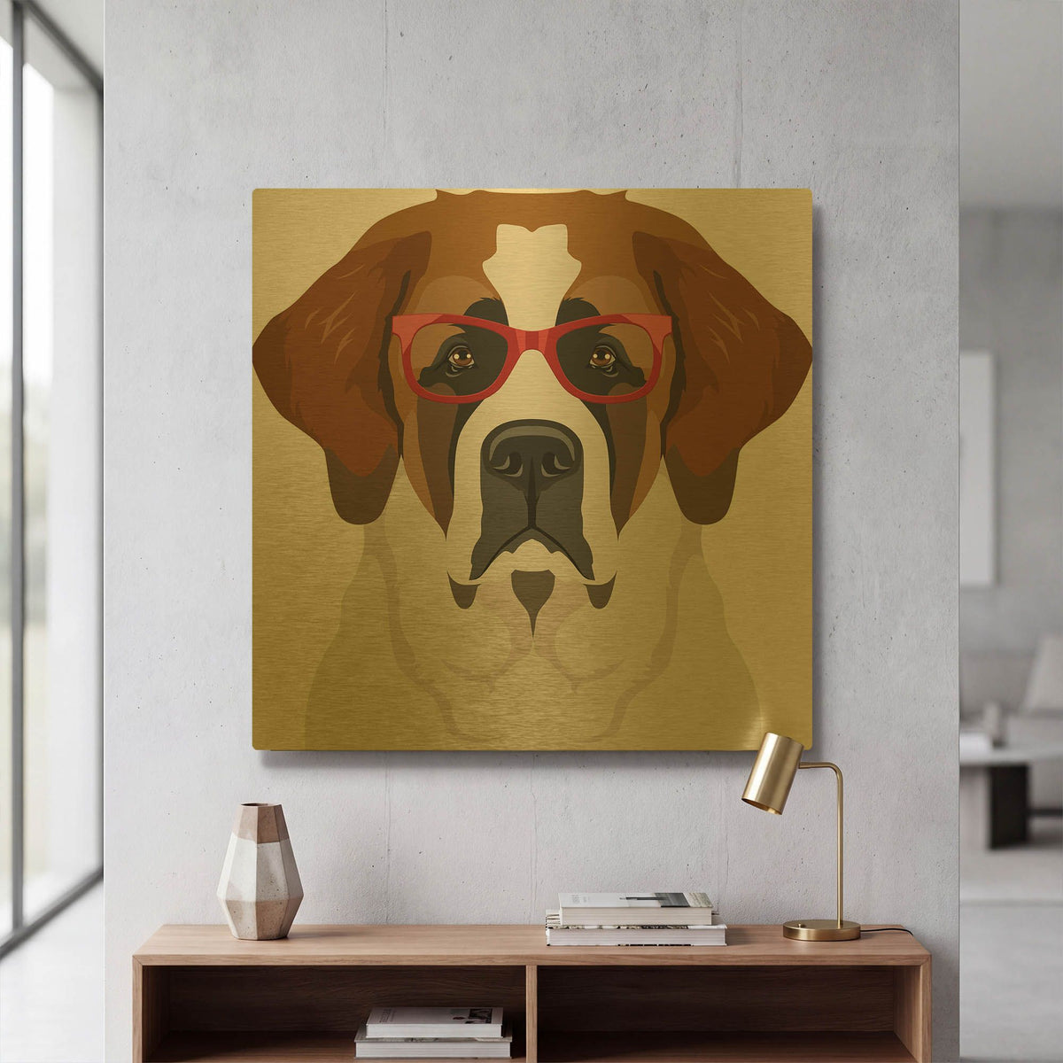 'Saint Bernard Wearing Hipster Glasses' By Furbaby Affiliates Gold Metal Wall Art