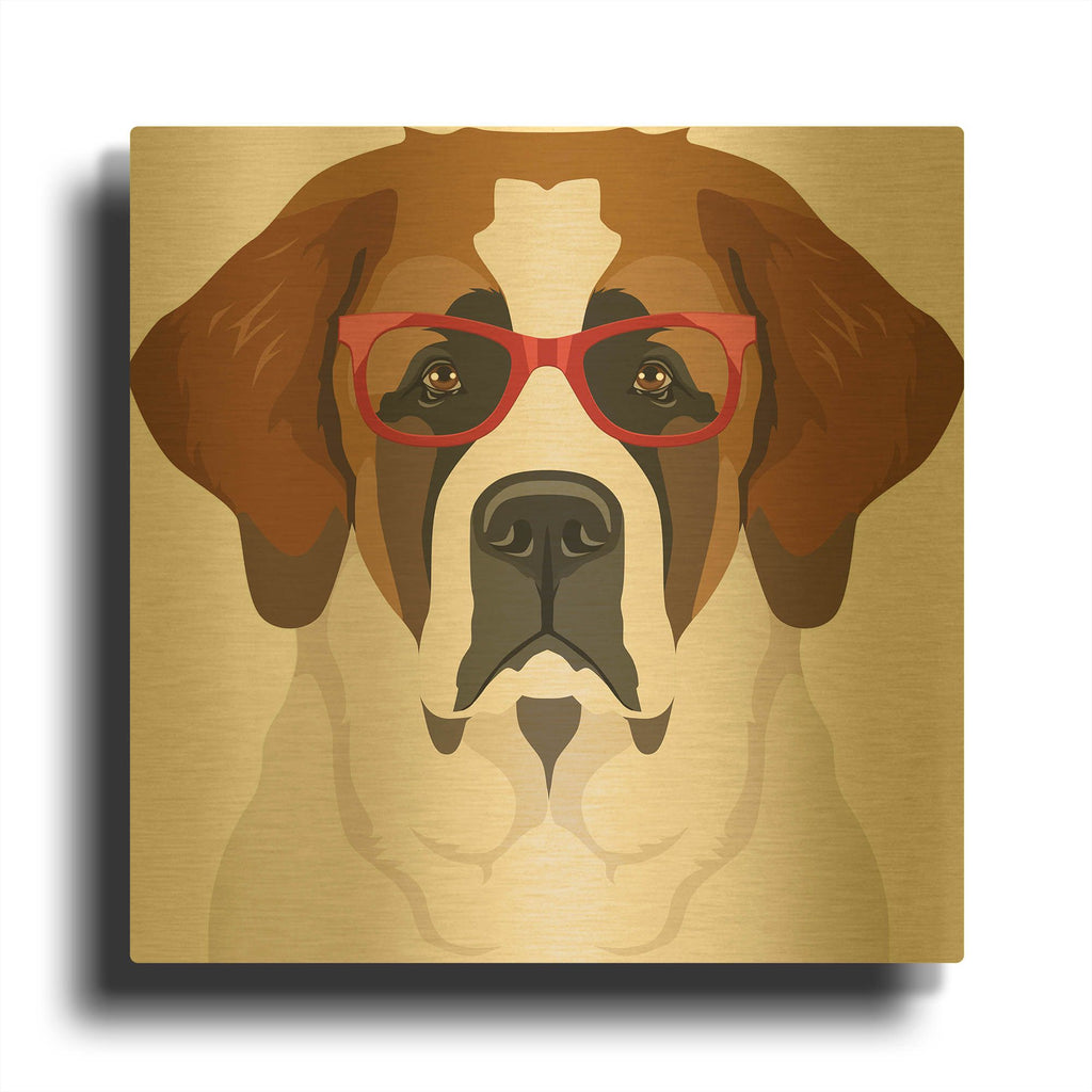 'Saint Bernard Wearing Hipster Glasses' By Furbaby Affiliates Gold Metal Wall Art