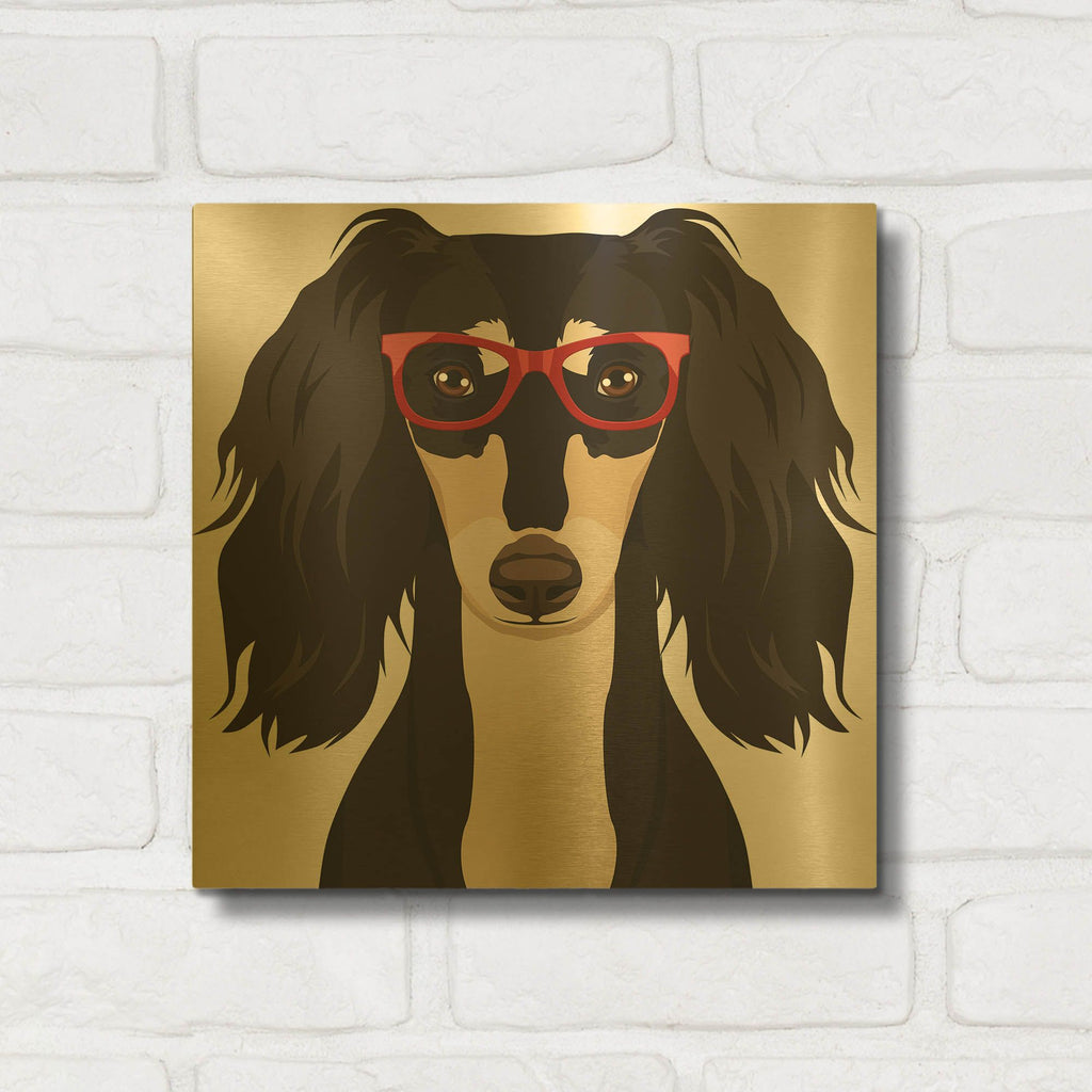 'Saluki Wearing Hipster Glasses' By Furbaby Affiliates Gold Metal Wall Art