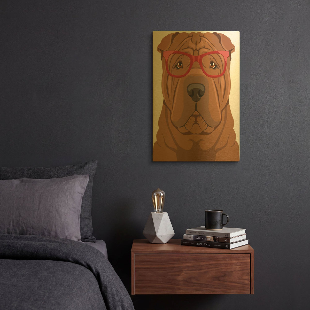 'Shar Pei Wearing Hipster Glasses' By Furbaby Affiliates Gold Metal Wall Art