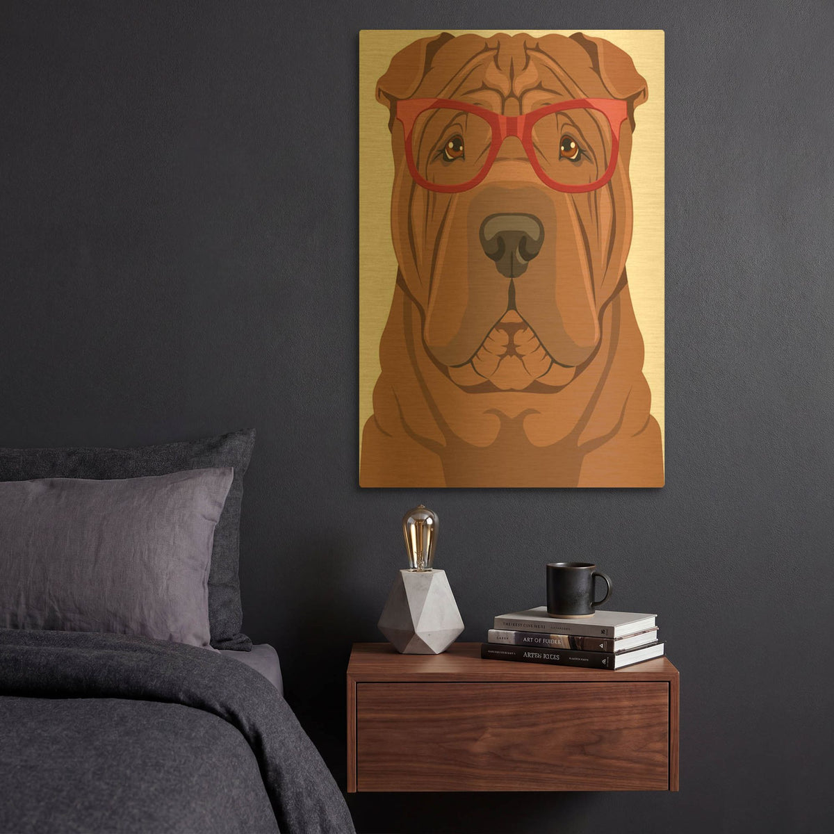'Shar Pei Wearing Hipster Glasses' By Furbaby Affiliates Gold Metal Wall Art