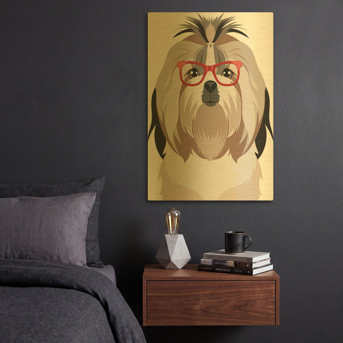 'Shih Tzu Wearing Hipster Glasses' By Furbaby Affiliates Gold Metal Wall Art