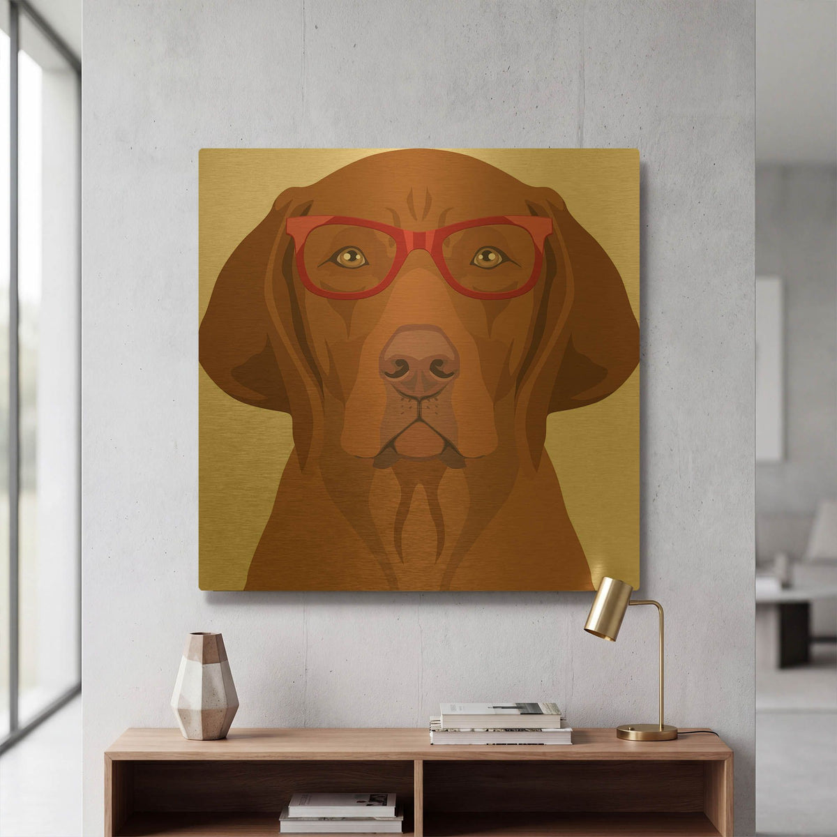 'Vizsla Wearing Hipster Glasses 2' By Furbaby Affiliates Gold Metal Wall Art