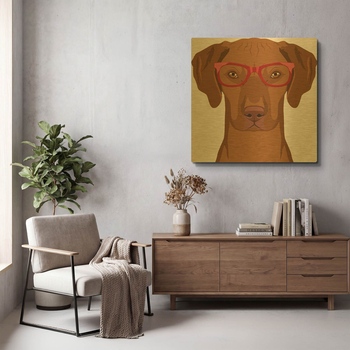 'Vizsla Wearing Hipster Glasses' By Furbaby Affiliates Gold Metal Wall Art