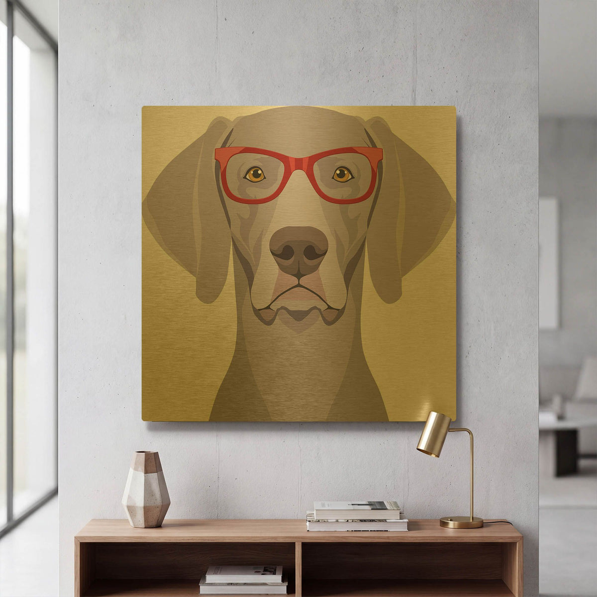'Weimaraner Wearing Hipster Glasses 1' By Furbaby Affiliates Gold Metal Wall Art