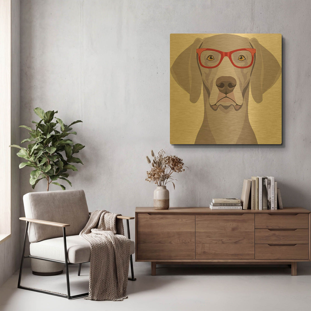 'Weimaraner Wearing Hipster Glasses 1' By Furbaby Affiliates Gold Metal Wall Art
