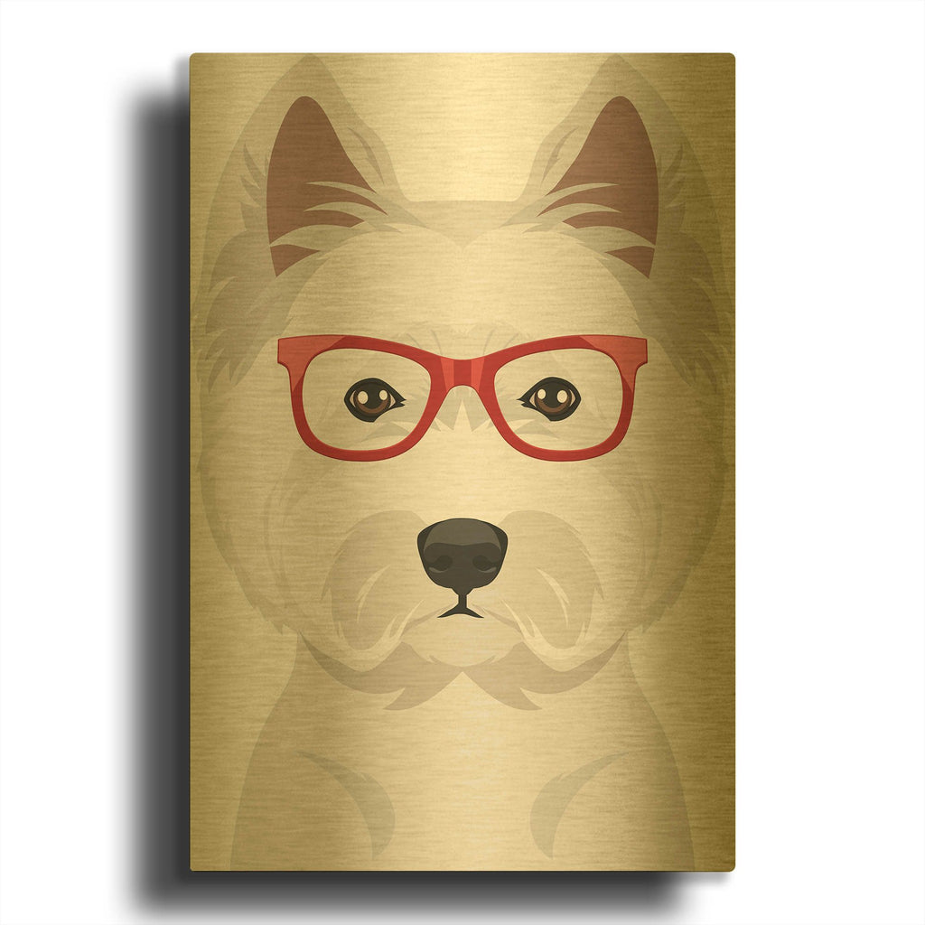 'West Highland Terrier Wearing Hipster Glasses' By Furbaby Affiliates Gold Metal Wall Art