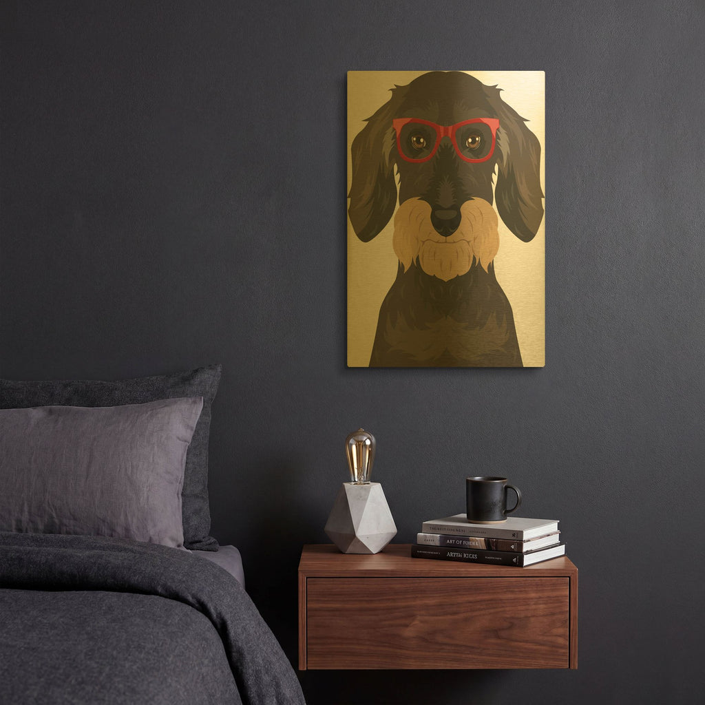 'Wire Haired Dachshund Wearing Hipster Glasses' By Furbaby Affiliates Gold Metal Wall Art
